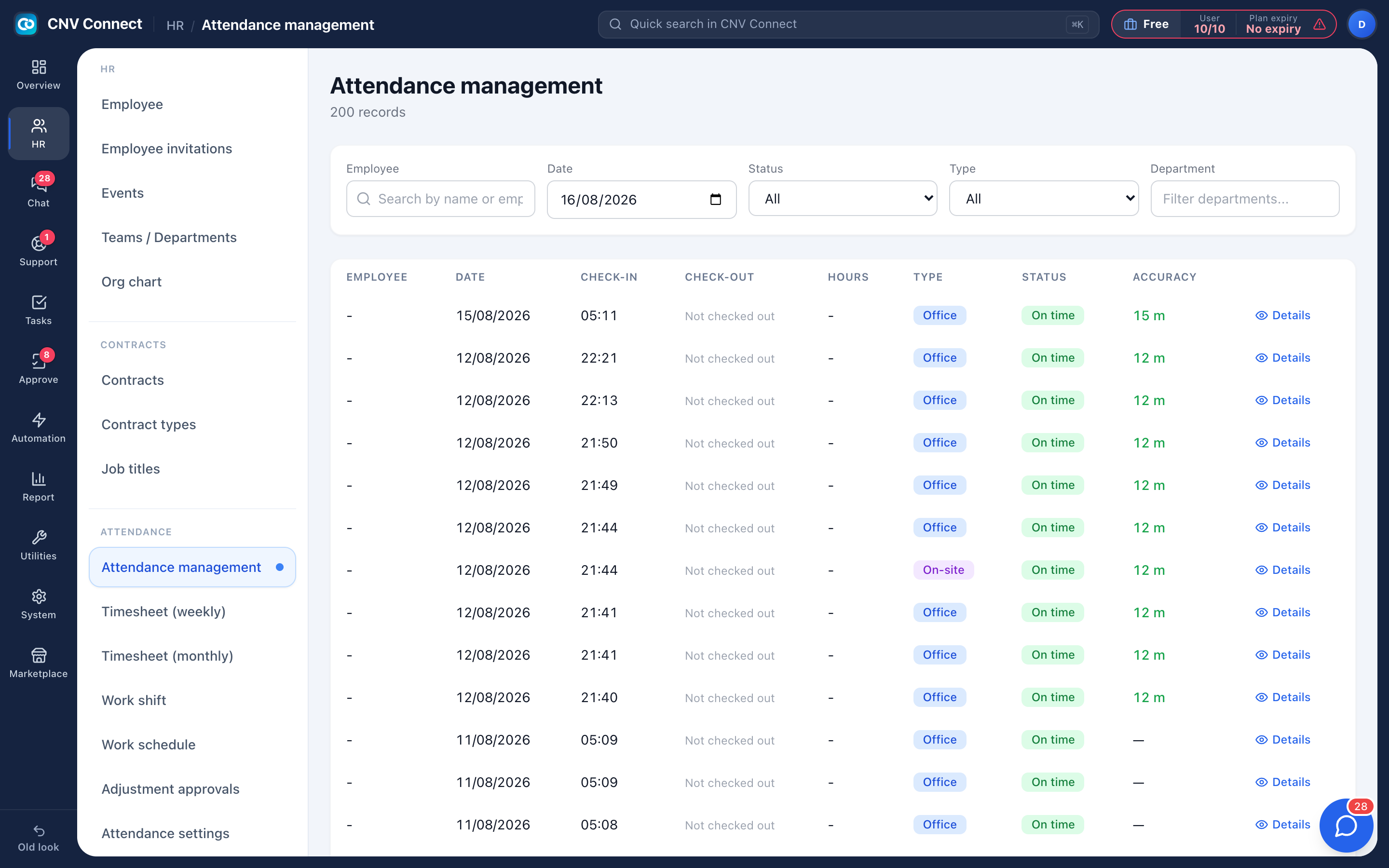 Attendance records with check-in, check-out, hours, type, status and GPS accuracy
